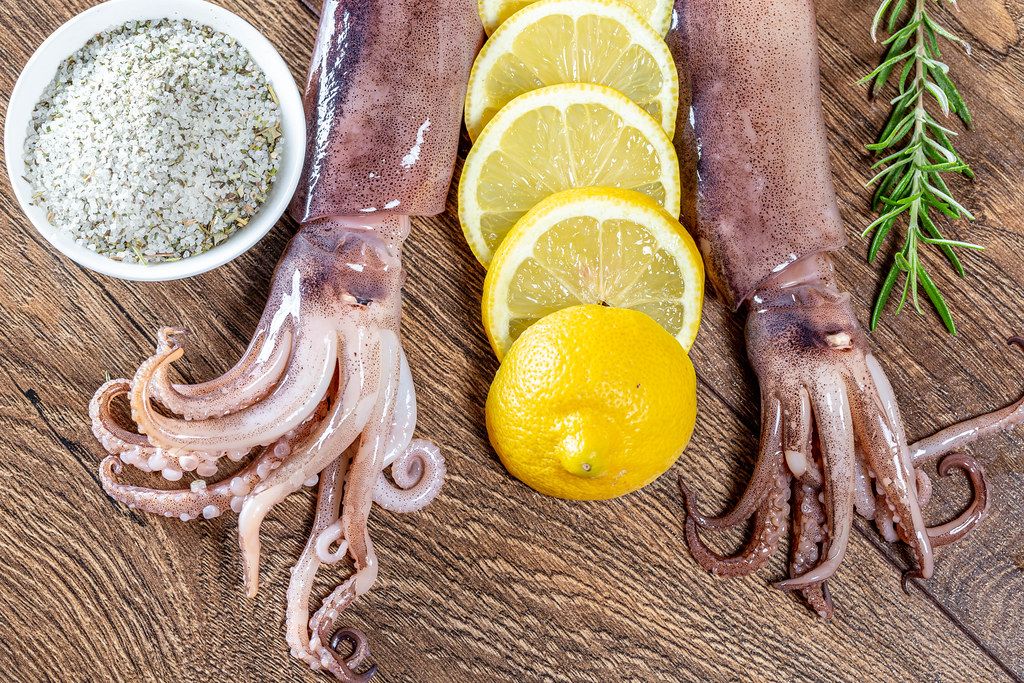Frischer Oktopus liegt zur Zubereitung, mit Zitronen, Rosmarin und ...