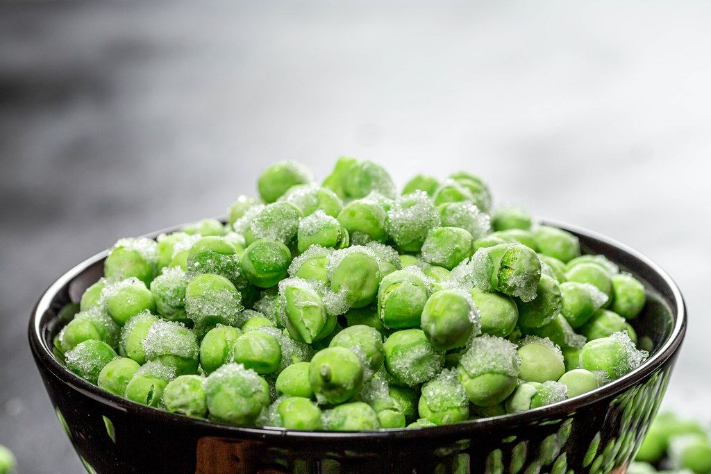 Frozen green peas in a bowl closeup (Flip 2019)