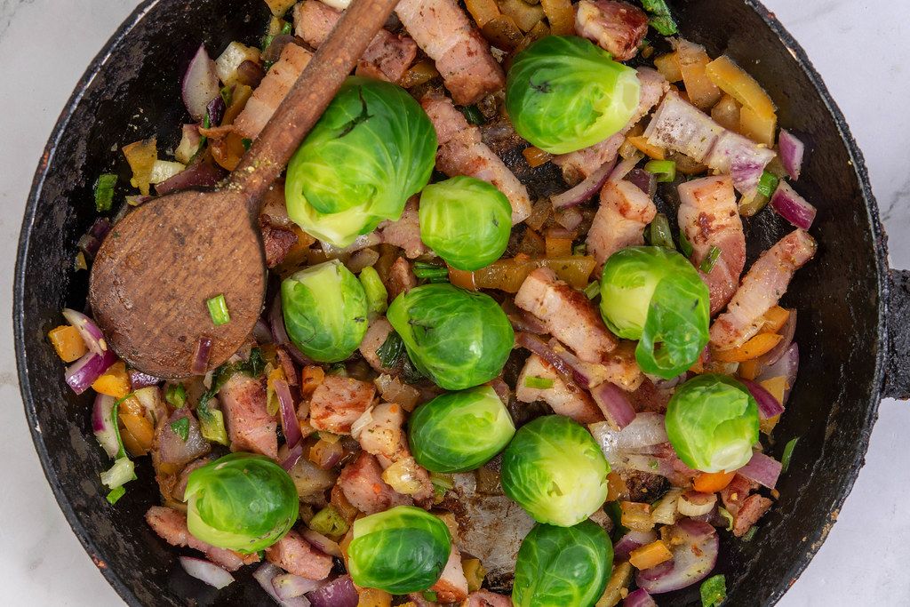 Frying Vegetables with Bacon and Brussel Sprouts