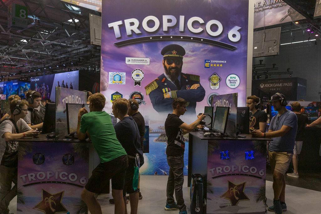 Gamescom-Spielstation für das politische Simulationsspiel Tropico 6, von  Limbic Entertainment