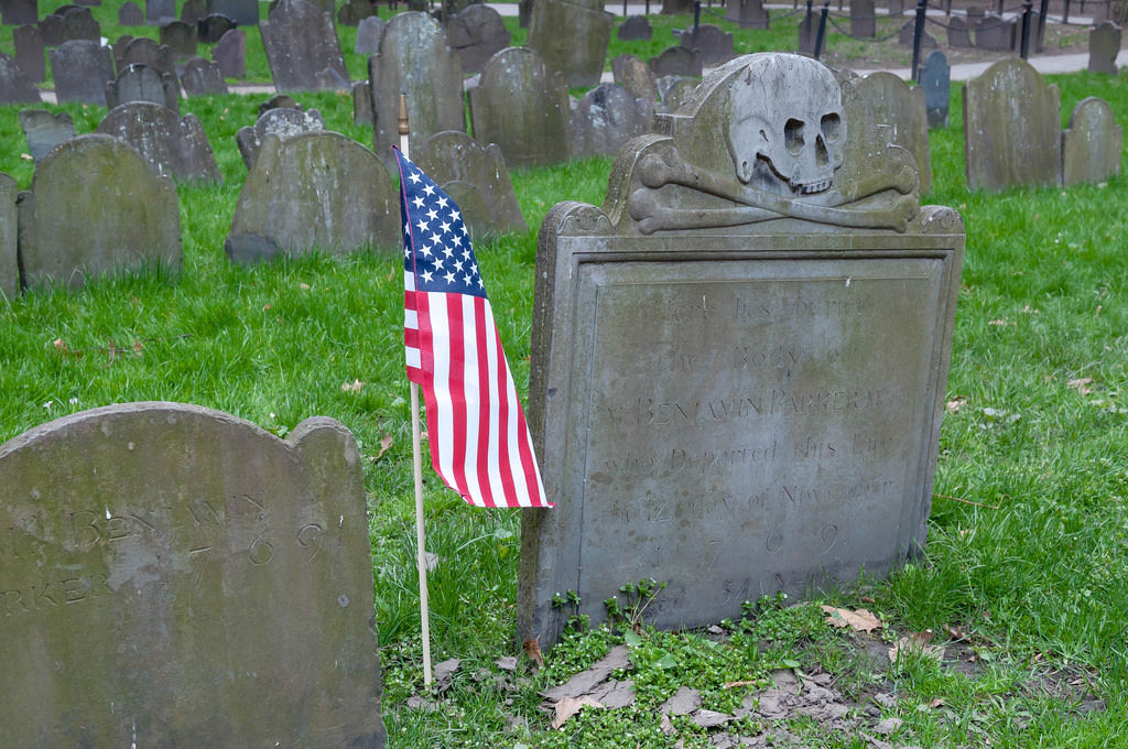 Grave with Skull and Flag @ Granary Burying Ground