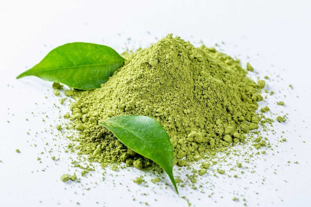 Green tea maccha powder with fresh leaves