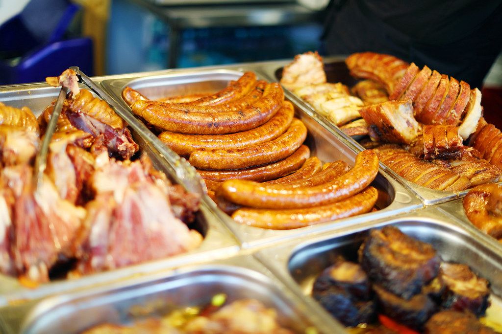Grilled sausages and meat products at street food fair (Flip 2019)