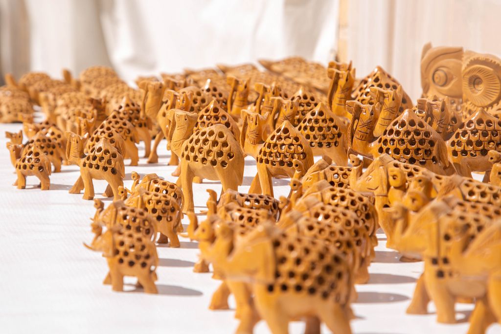 Group of handmade little wooden elephant souvenirs