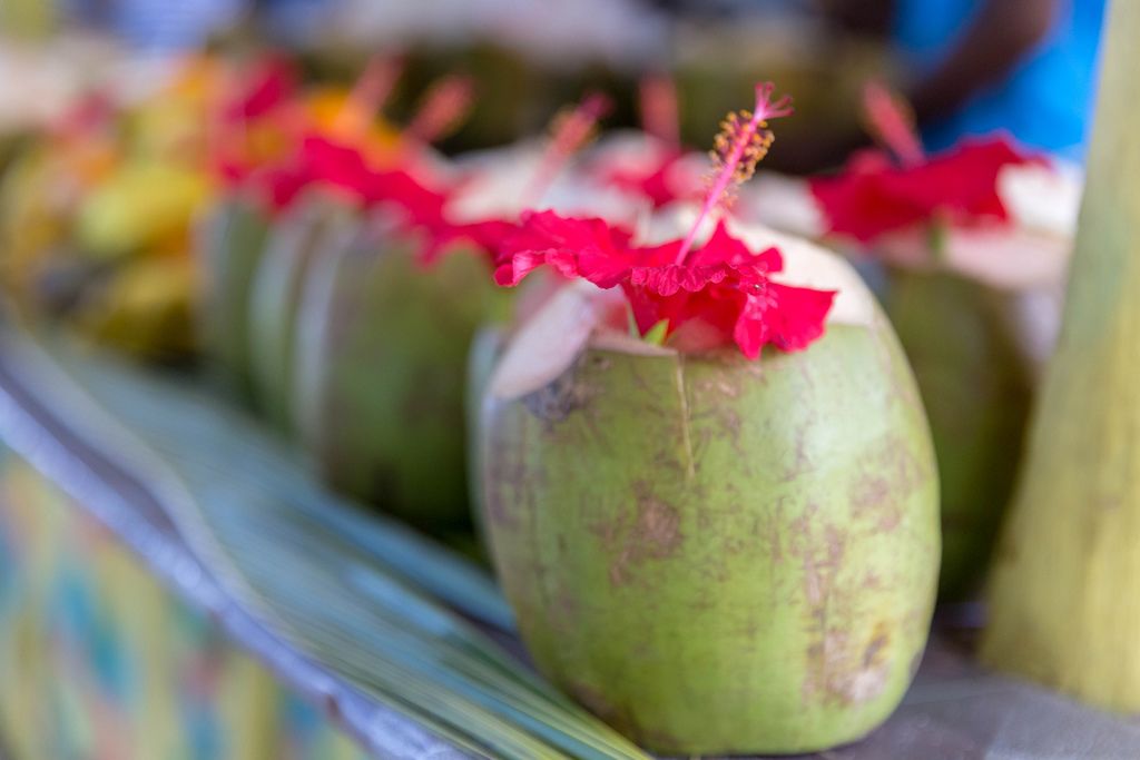 Grüne Kokosnuss-Drinks mit roten Amaryllis-Blumen dekoriert, an der Fruita Cabana Strandbar am Anse Source d'Argent auf der Seychelleninsel La Digue