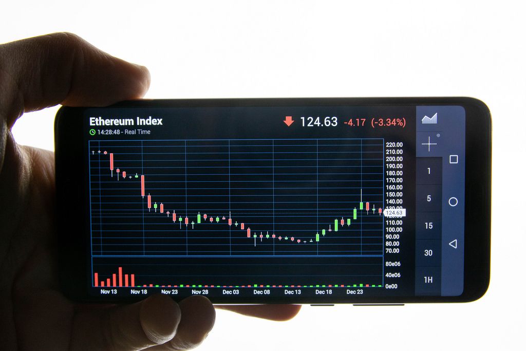 Hand holding smart phone with Ethereum chart on screen