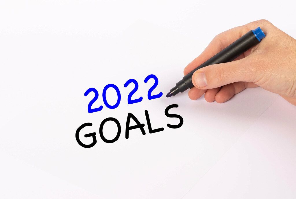 Hand with marker writing 2022 goals text