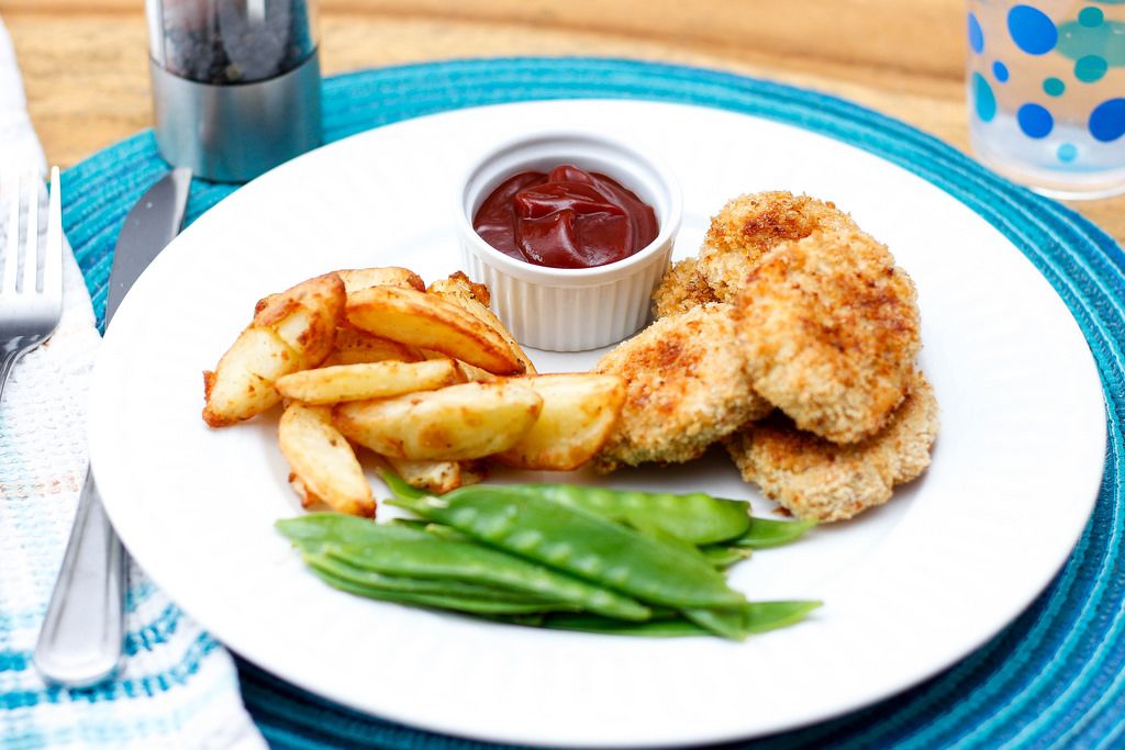 Homemade Chicken Nuggets with Fries and Green Bean