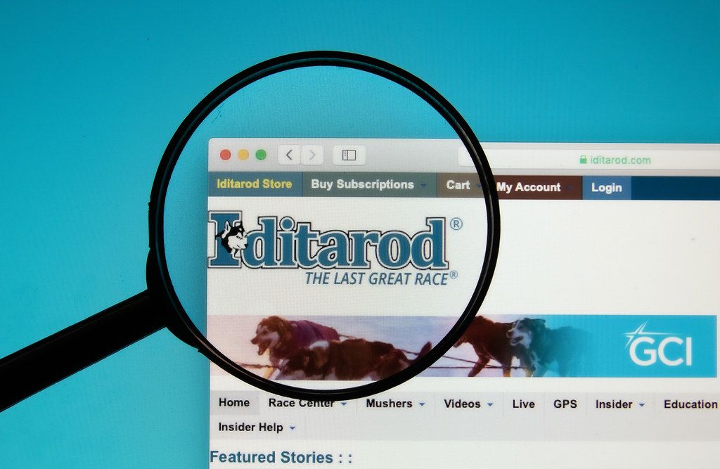 Iditarod logo on a computer screen with a magnifying glass