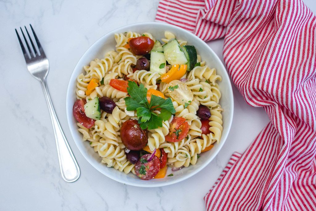 Italian Pasta salad with Vegetables in a White Bowl  (Flip 2019) (Flip 2019)