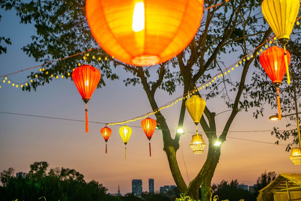 Lanterns hanging over the Flower Street at Crescent Lake in Ho Chi Minh City