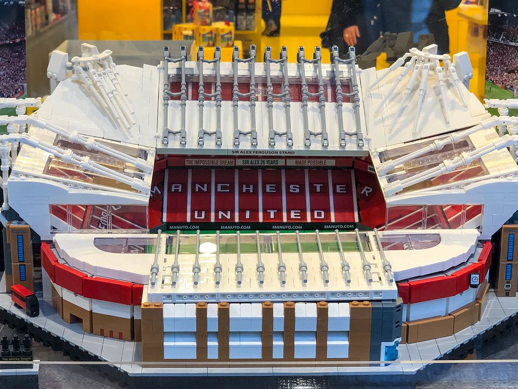 Large 3D replica model of Manchester's Old Trafford football stadium on display at the LEGO shop in Cologne, Germany