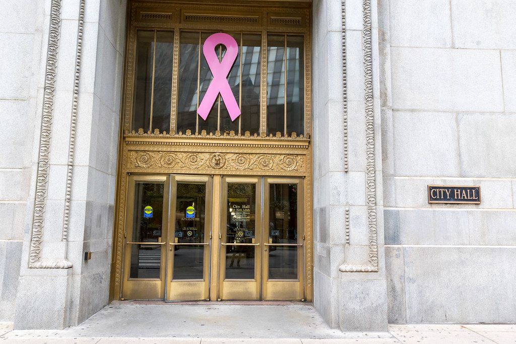 large-pink-ribbon-for-breast-cancer-awareness-at-the-entrance-of-the-city-hall-in-chicago