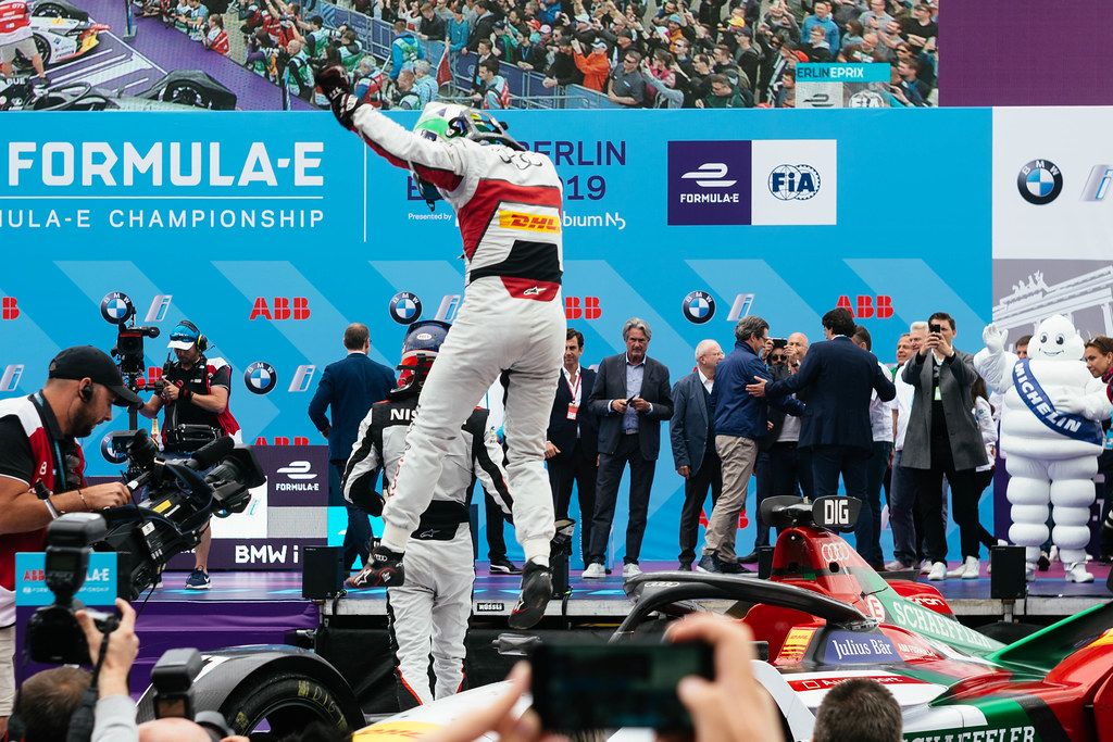 Lucas di Grassi's celebratory jump after winning Berlin Formula E race
