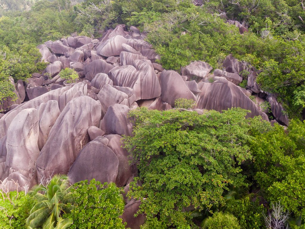 Luftbild zeigt: Granitsteine formen ein Felsenmeer am Anse Union auf der Tropeninsel La Digue, Seychellen