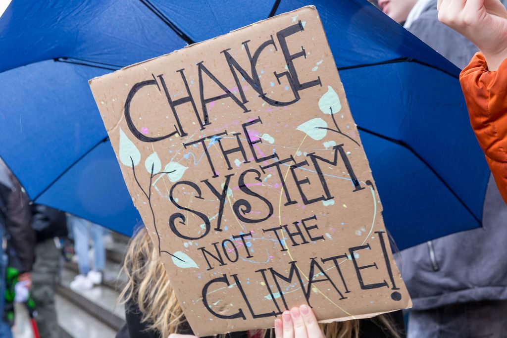 Mädchen fordert auf Systemveränderung mit 'Change the climate, not the system' Schild auf