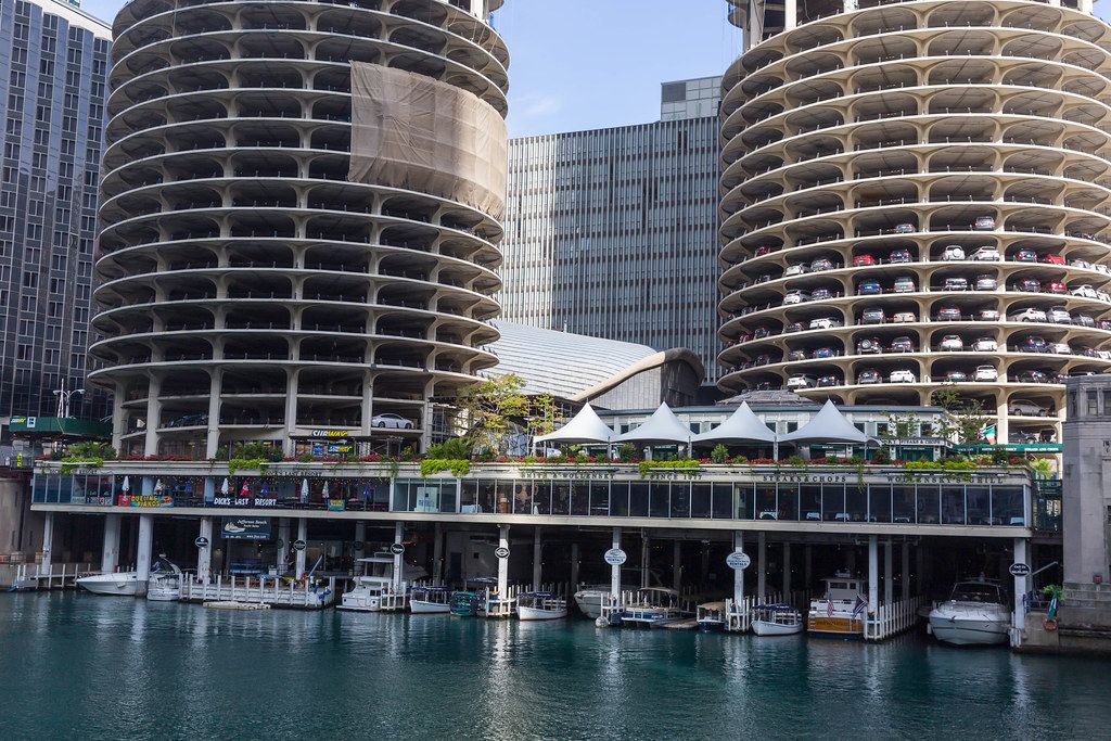 Marina City building complex in Chicago, Illinois, with its small marina at river level
