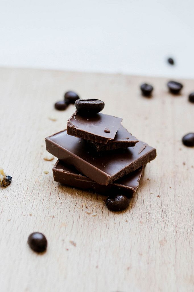 Milk chocolate pieces with coffee beans on wooden board