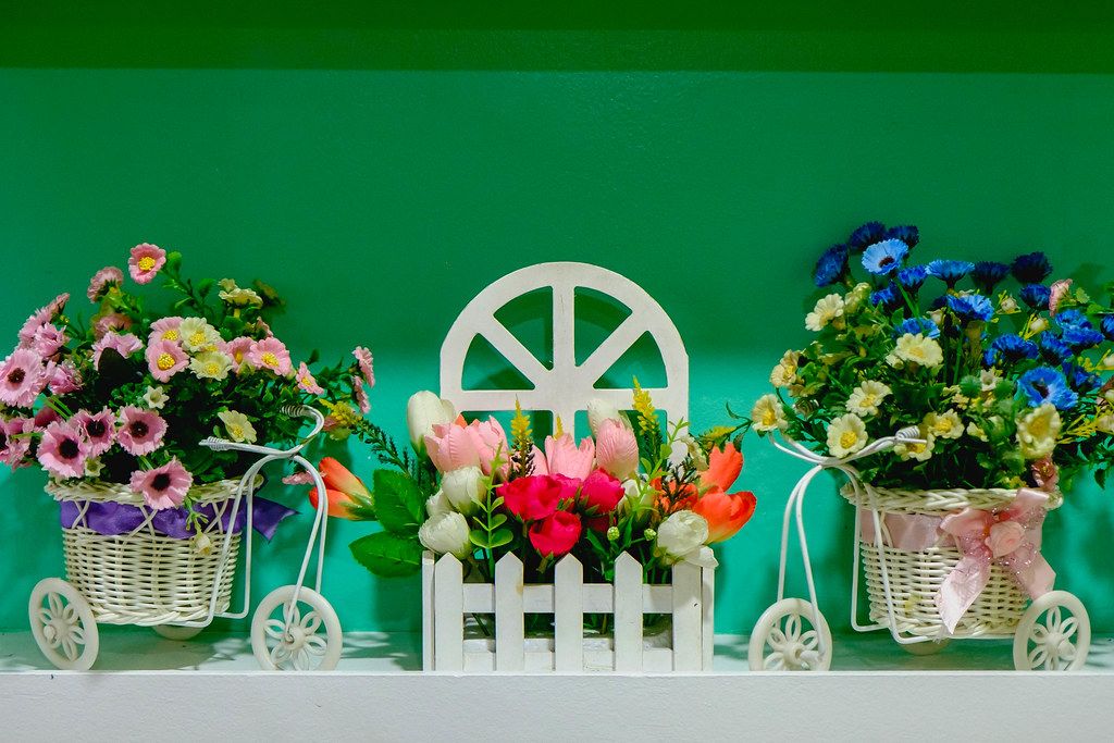 Miniature floral decoration on green wall (Flip 2019)