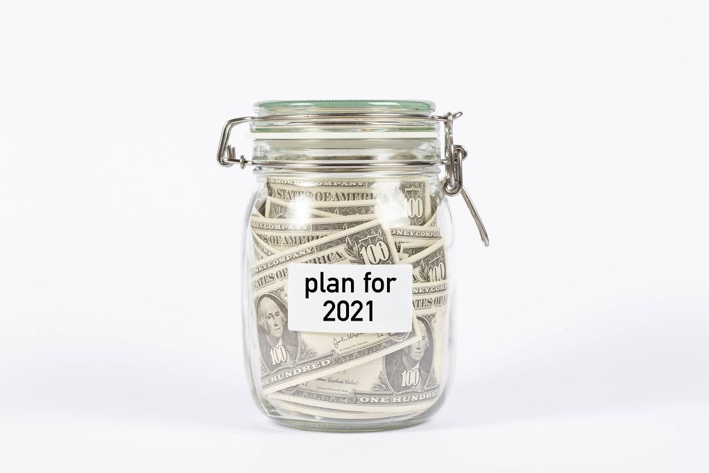 Money jar with plan for 2021 label