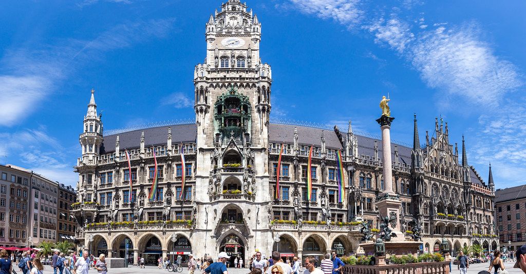 Panoramic view of Marienplatz with rainbow flags, shows solidarity with LGBTQ-Community during Christopher Street Day demonstration