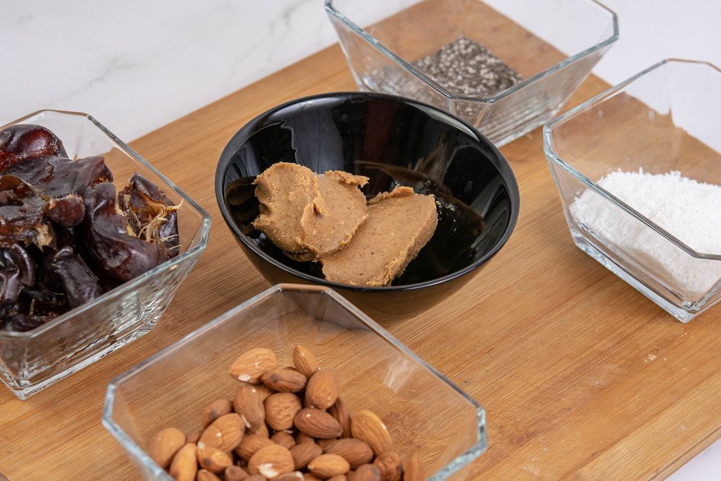 Peanut butter Almonds Coconut Chia Seeds and Dates