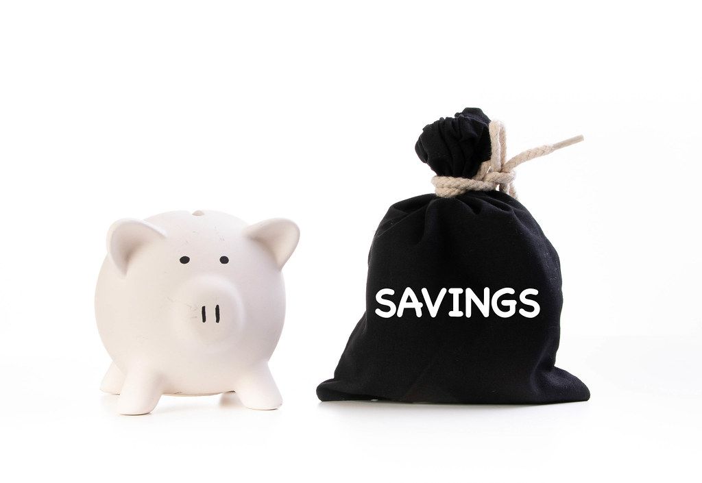 Piggy bank and money bag with Savings text on white background
