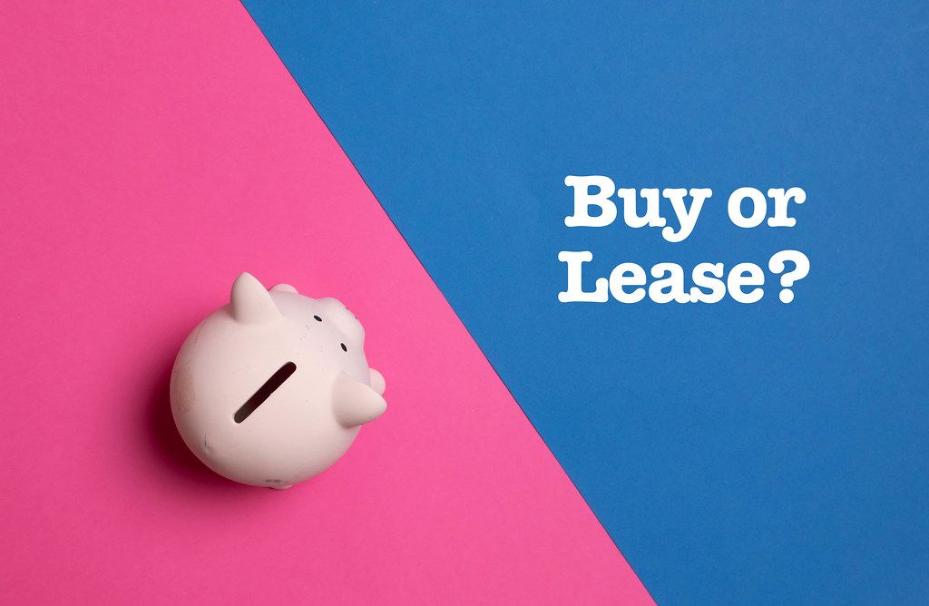 Piggy bank with Buy or Lease? text