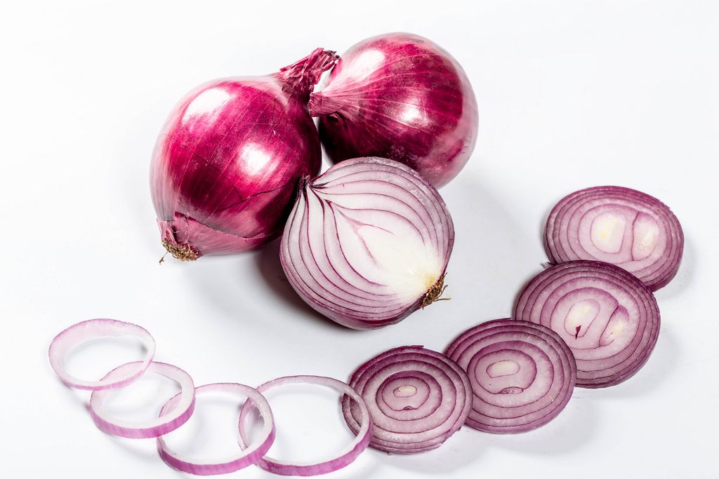Red onion bulbs and cross section of onion and sliced into rings