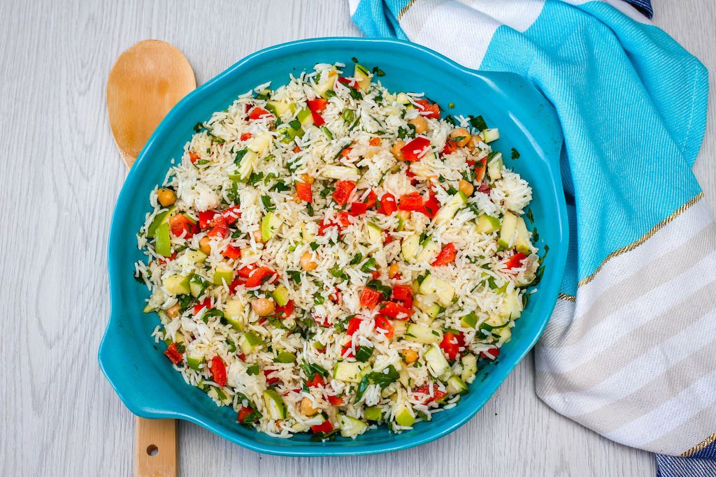 Rice Salad with Chickpea, Pepper and Cucumber Top View