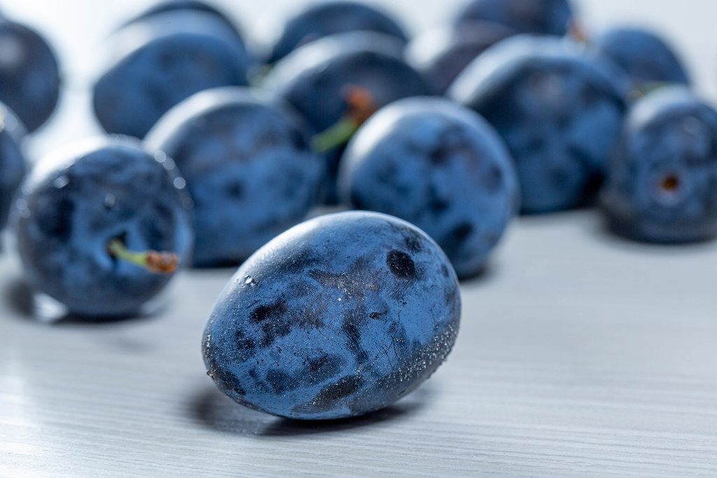 Ripe fresh blue plums close up