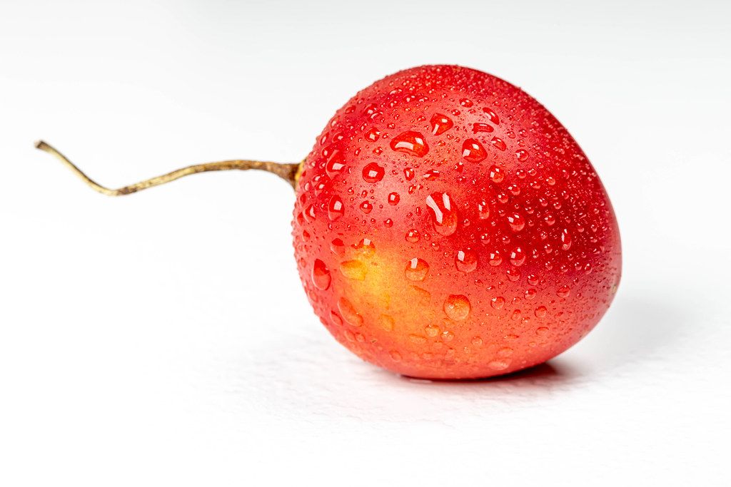 Ripe tamarillo on white background with water drops (Flip 2020)