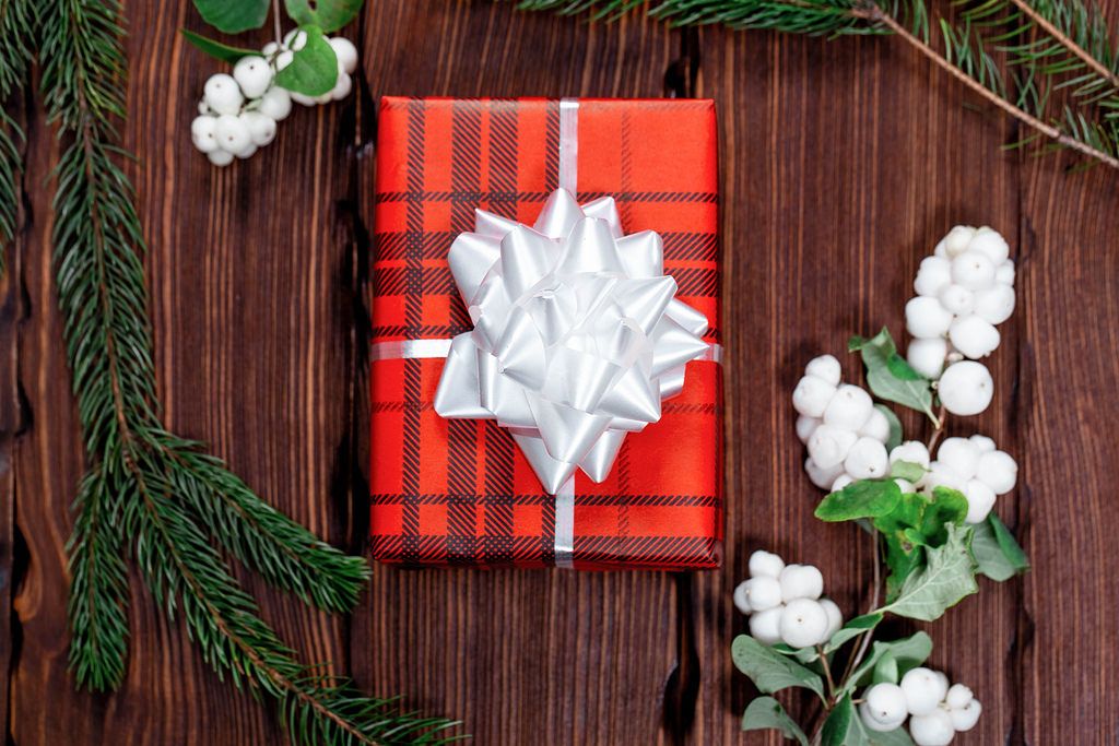 Rotes Weihnachtsgeschenk mit weißer Schleife umgeben vom Mistelzweigen