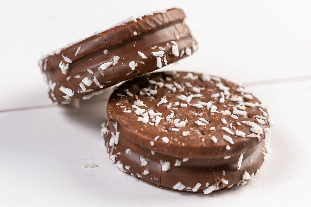Round Chocolate Sandwich Biscuits on the white table
