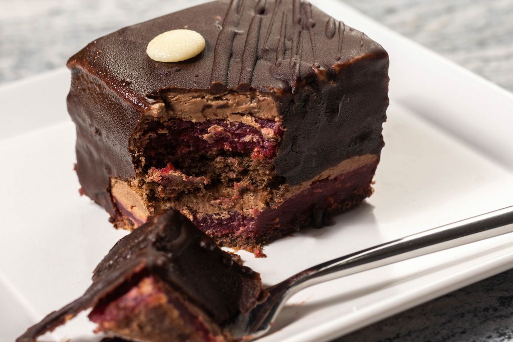 Square Chocolate and Cherry Cream cake with fork