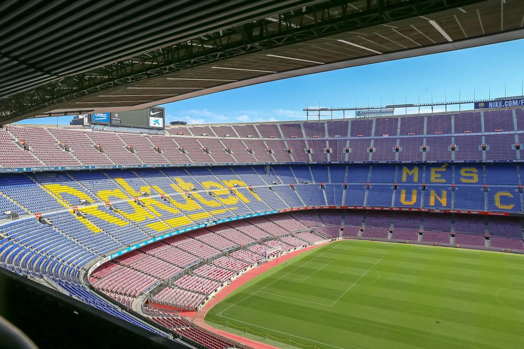 Stands with Rakuten sponsorship at Europes largest soccer stadium Camp Nou in Barcelona, Spain