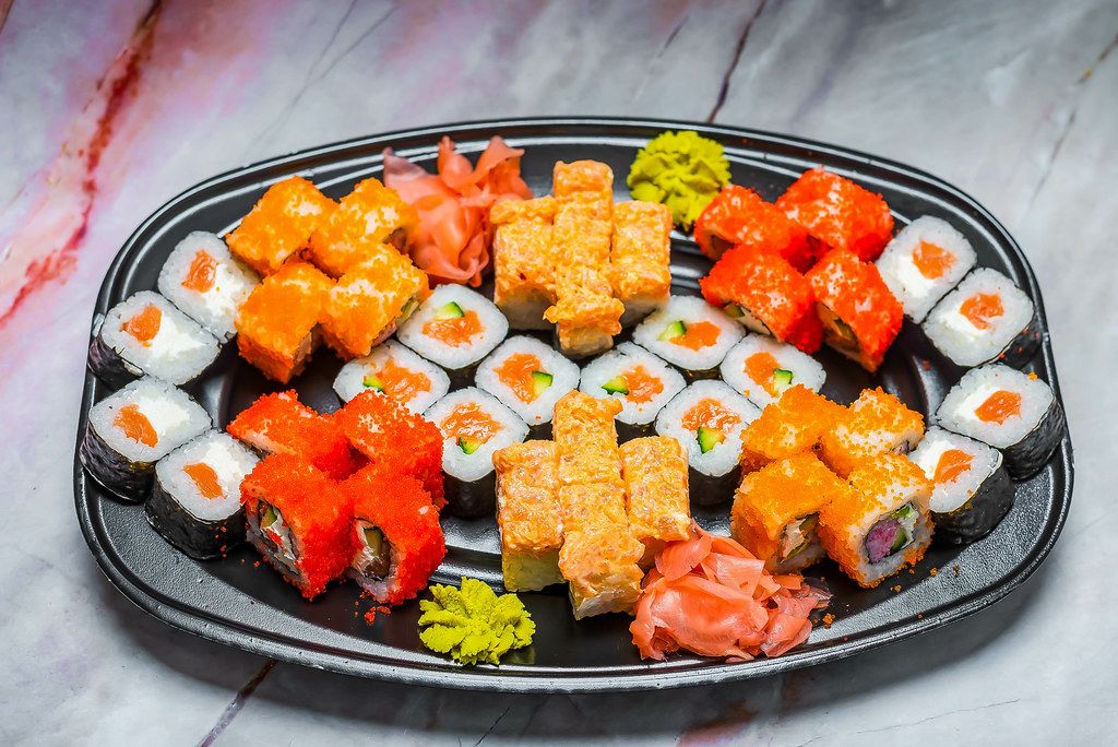 Sushi Set nigiri and sushi rolls for two. Maki, scallop. (Flip 2019)