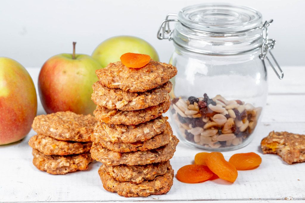 Tasty and healthy oatmeal cookies with a mixture of nuts and dried fruits without sugar