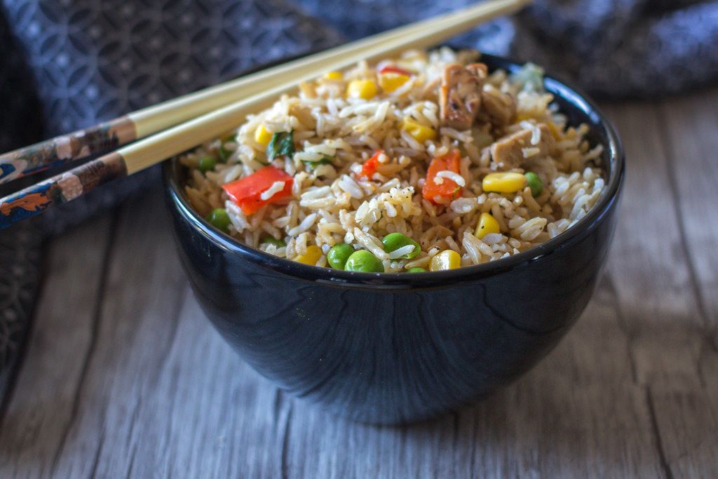 Tempeh Fried Rice with Pepper, Corn and Peas