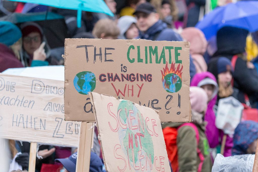 'The climate is changing, why aren´t we?' and 'Science not Silence' signs at Fridays For Future