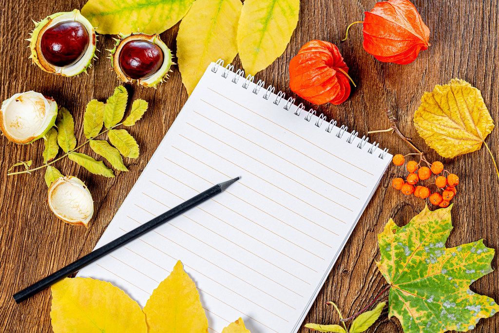 The concept of autumn mood, a letter to your loved ones. Notepad and pencil, yellow leaves, chestnuts and berries (Flip 2019)
