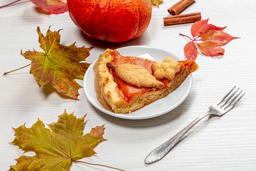 The concept of the dinner on thanksgiving. A piece of fresh homemade pumpkin pie (Flip 2019)