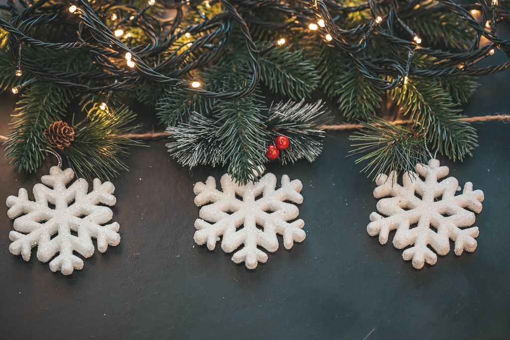 Three white snowflakes with Christmas tree branches and luminous garlands on a dark background