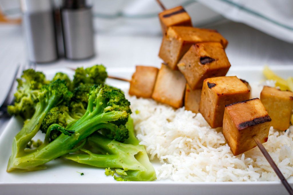 Tofu Kebabs with Rice and Broccoli