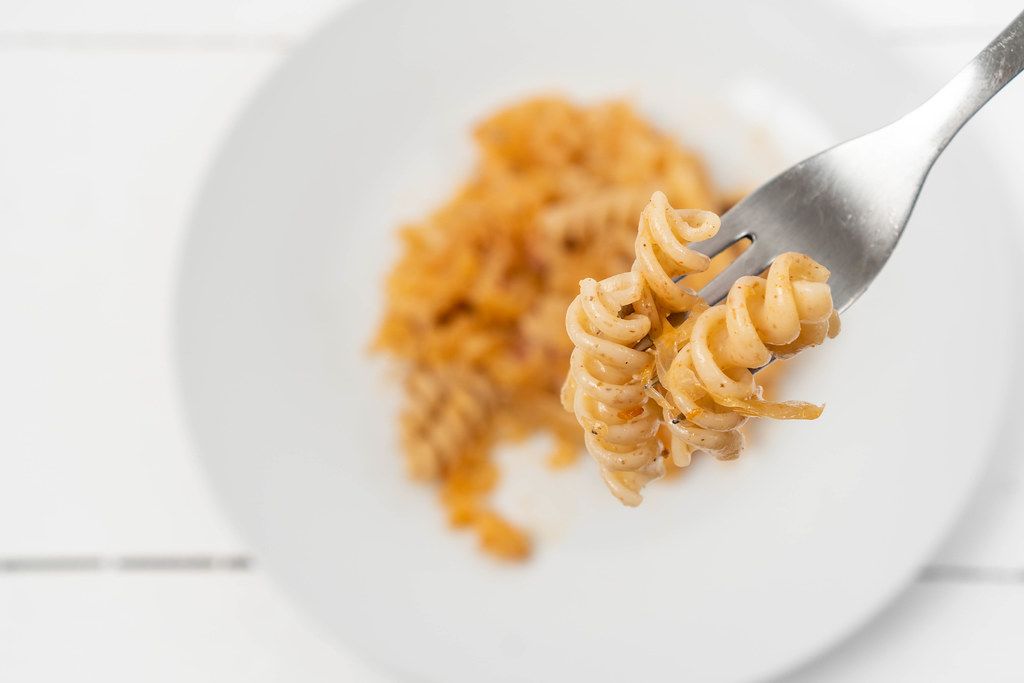 Top view of Tasty Pasta with Sauerkraut on the plate (Flip 2020)