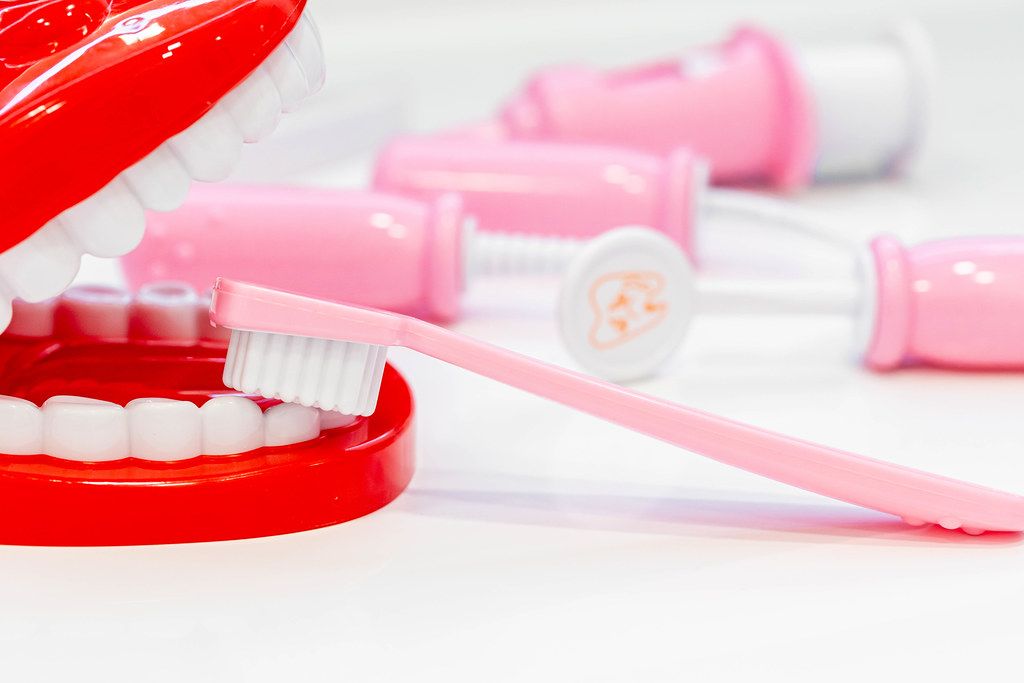 Toy teeth with toothbrush and dentist tools (Flip 2019)