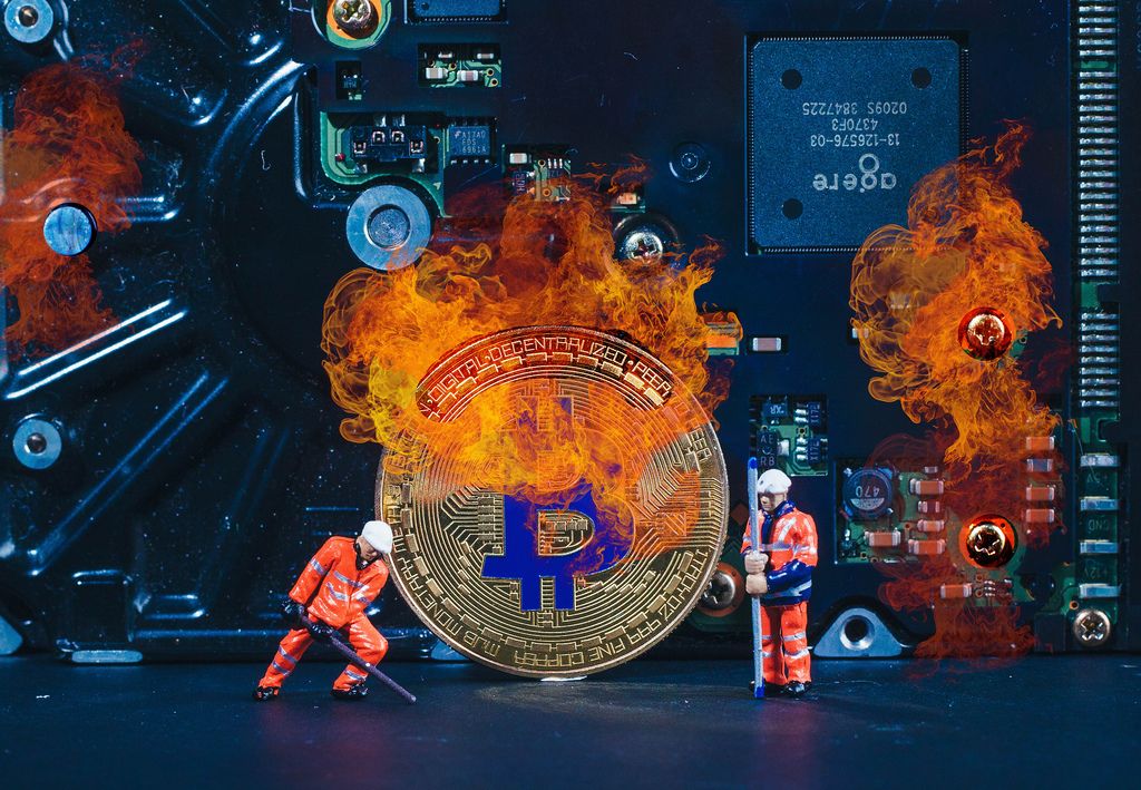 Two miners working in front of Bitcoin in fire