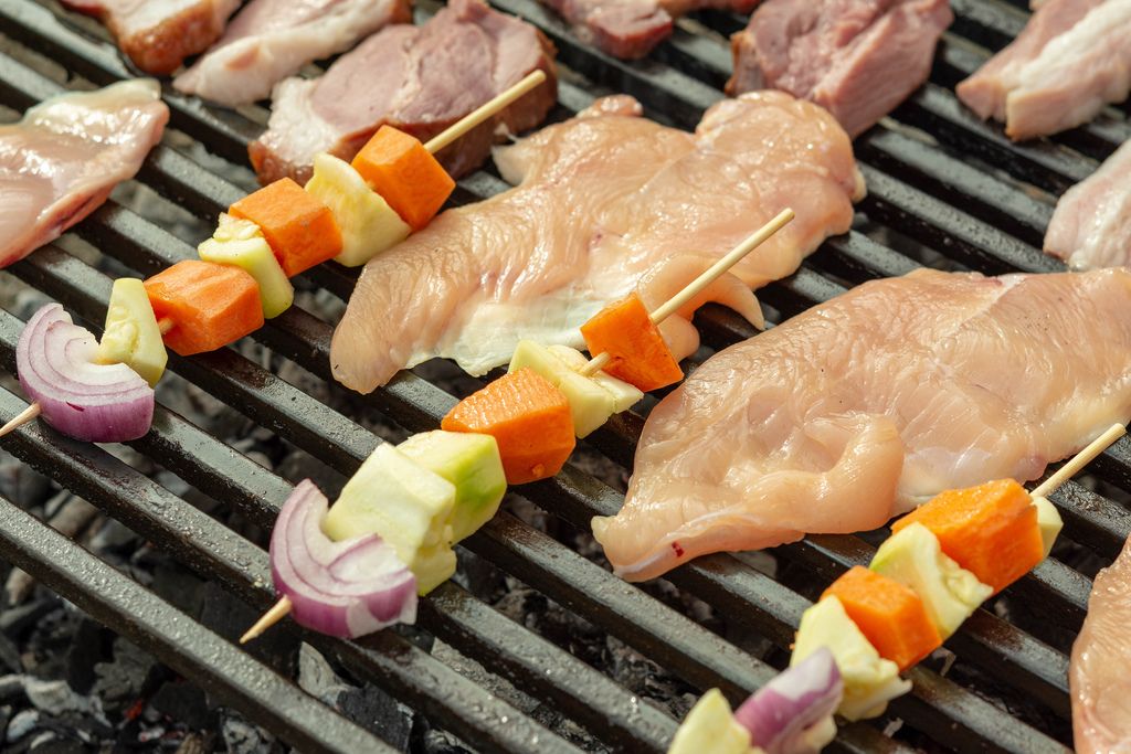 Vegetables and Chicken Meat on BBQ