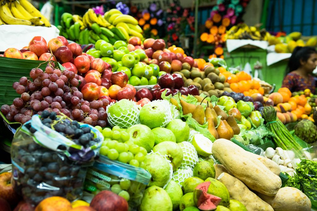 Viriety of fruits and vegetables in the food market