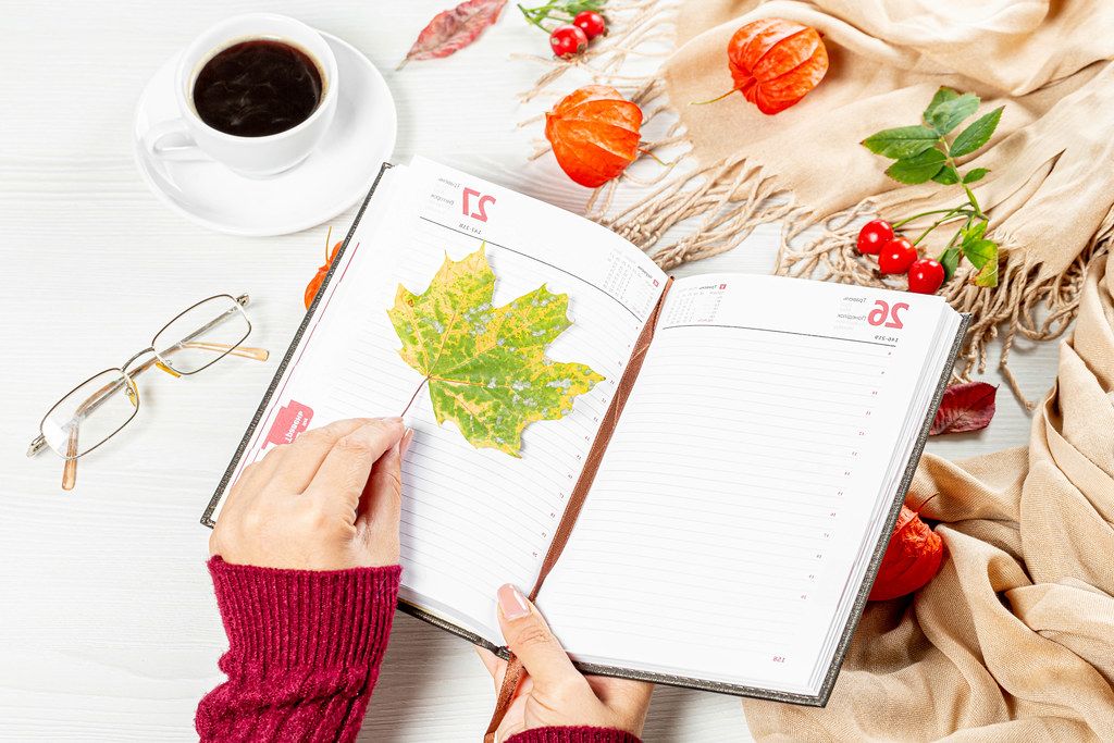 Woman puts maple leaf in empty notebook on autumn background of white table with scarf, coffee Cup and glasses (Flip 2019)